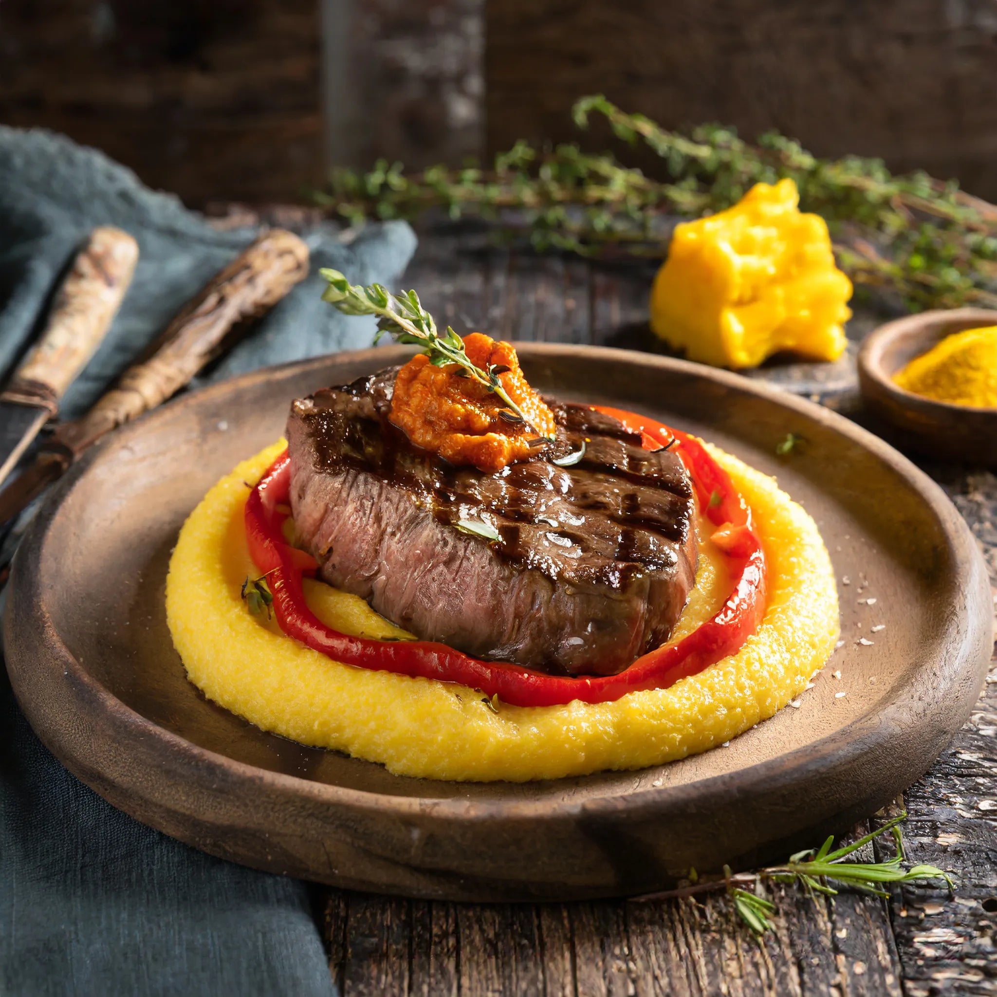 Clubsteak mit glasierter Paprika und Polenta-Talern