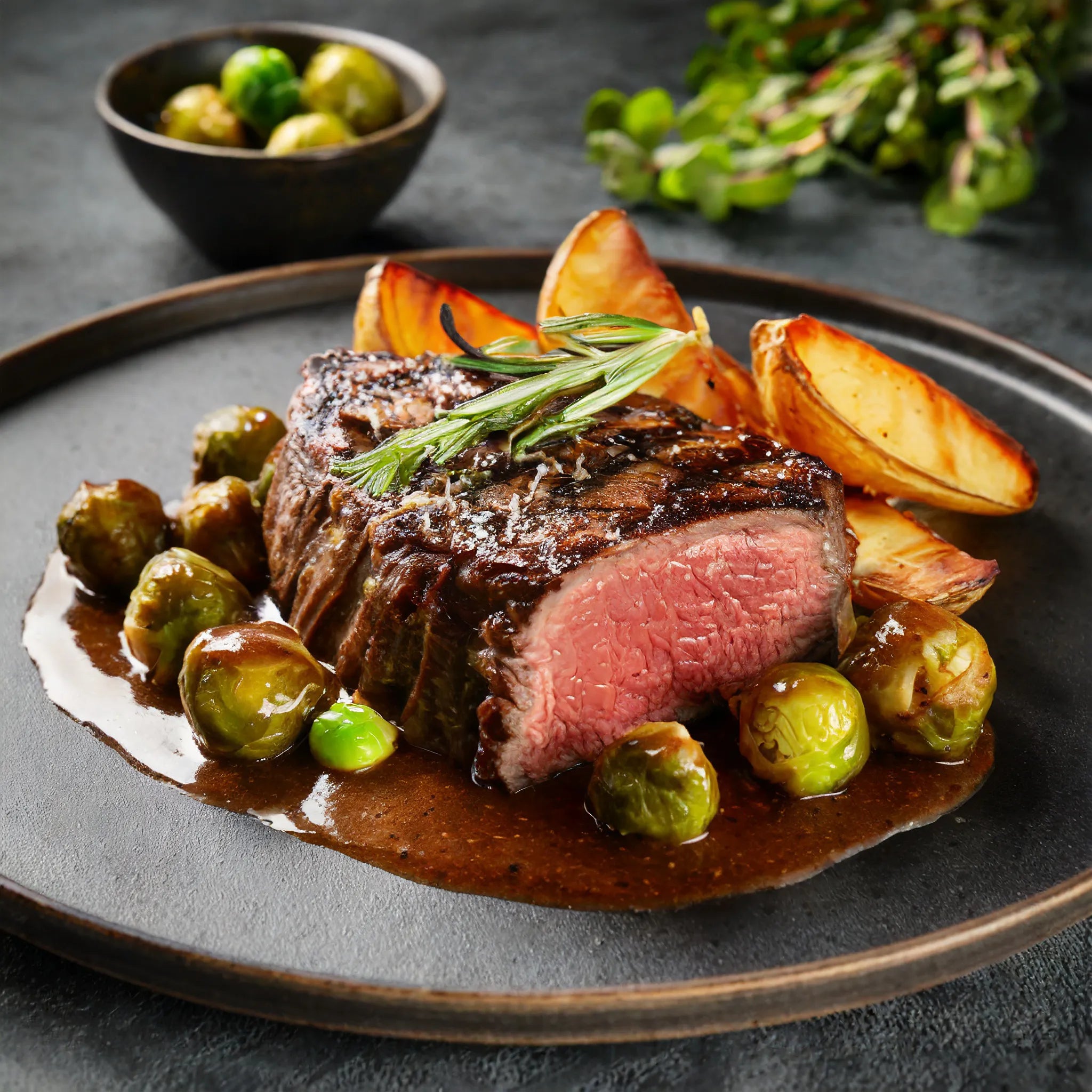 Prime-Rib-Steak mit Kartoffelwedges & Rosenkohl in Pfeffer-Maronen-Sauce