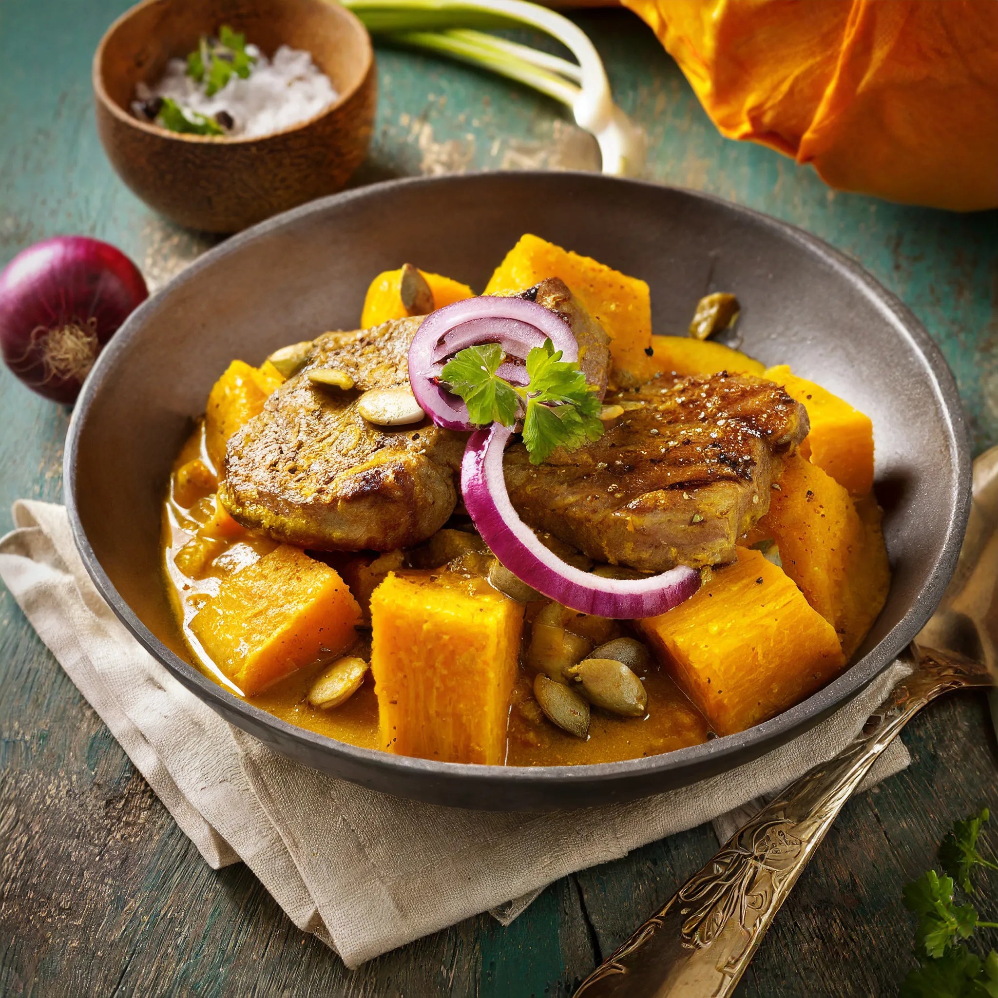 Butternusskürbis mit Curry & Rumpsteak auf Bierzwiebeln