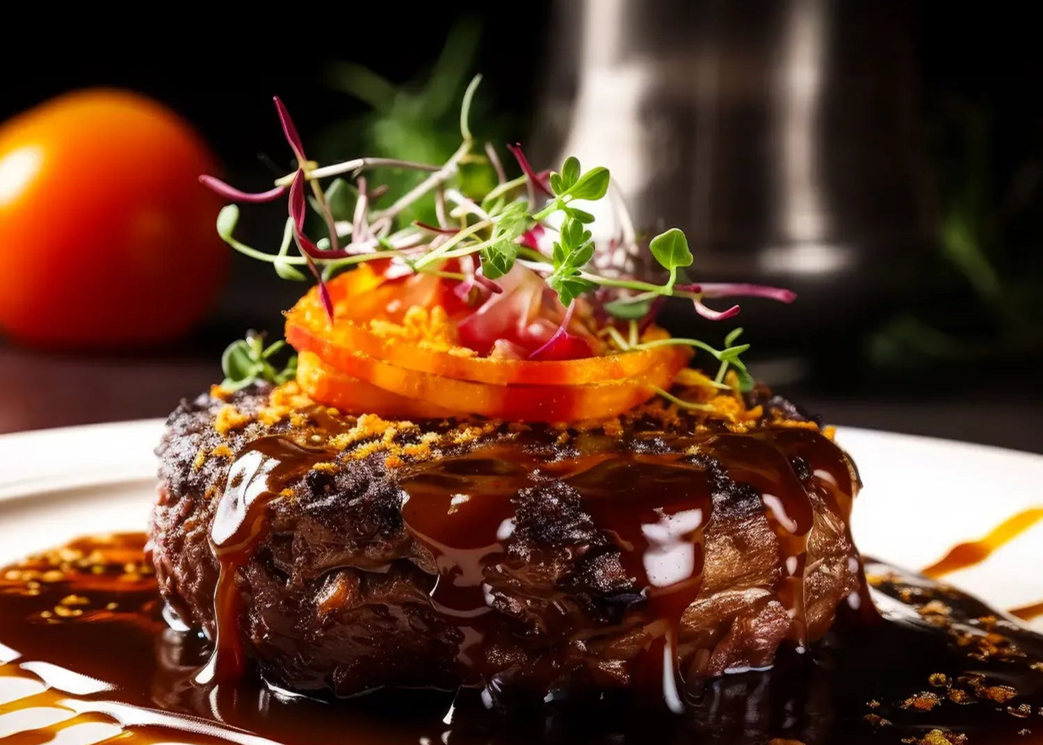 Bild von einem saftigen Stück Fleisch, bedeckt mit Sauce, Tomaten und Mikrogrün.
