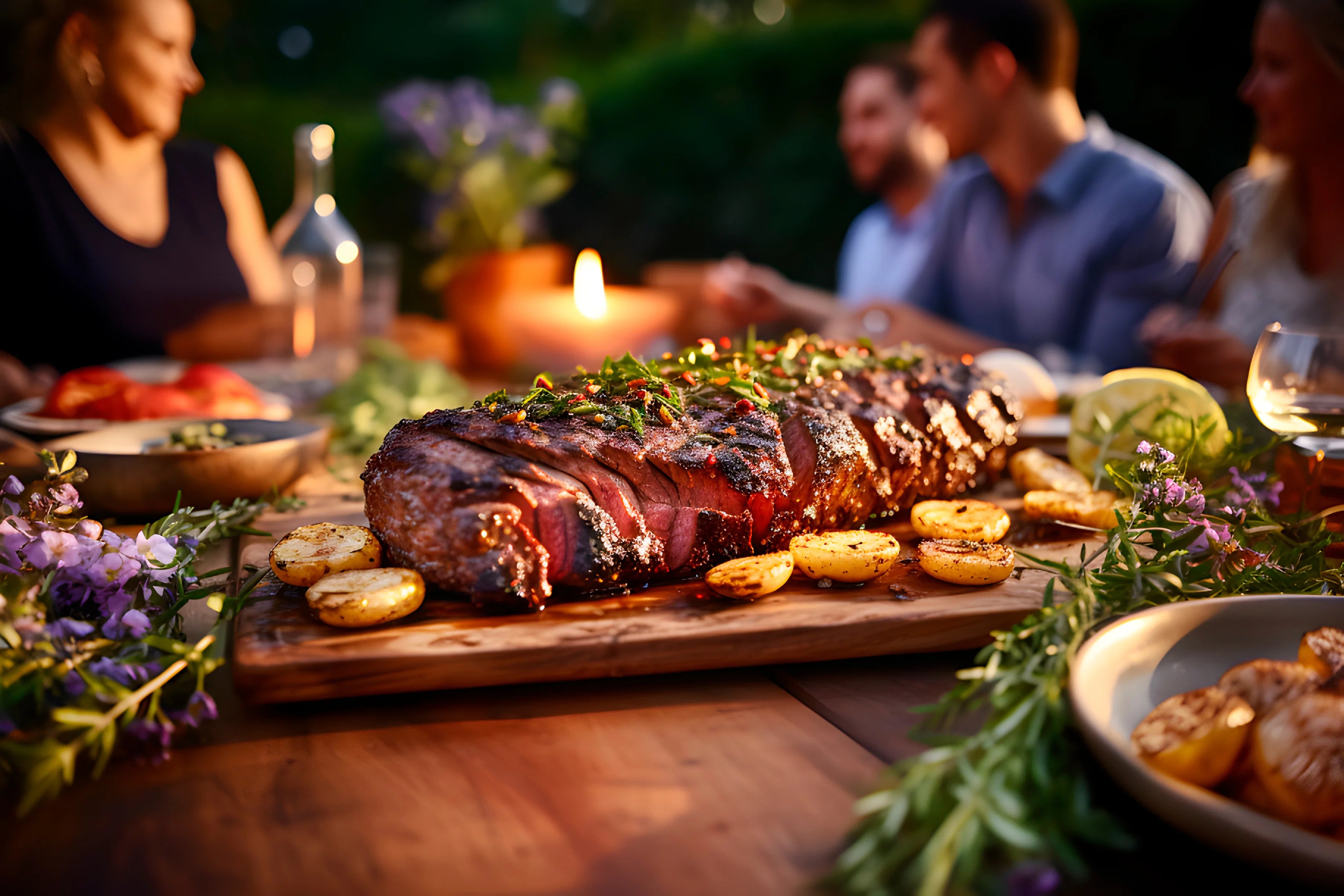 Man sieht ein schönes, gut zubereitetes Stück Dry-Aged-Fleisch, umgeben von knusprigen Pommes und frischem Thymian, auf einem Tisch im Restaurant