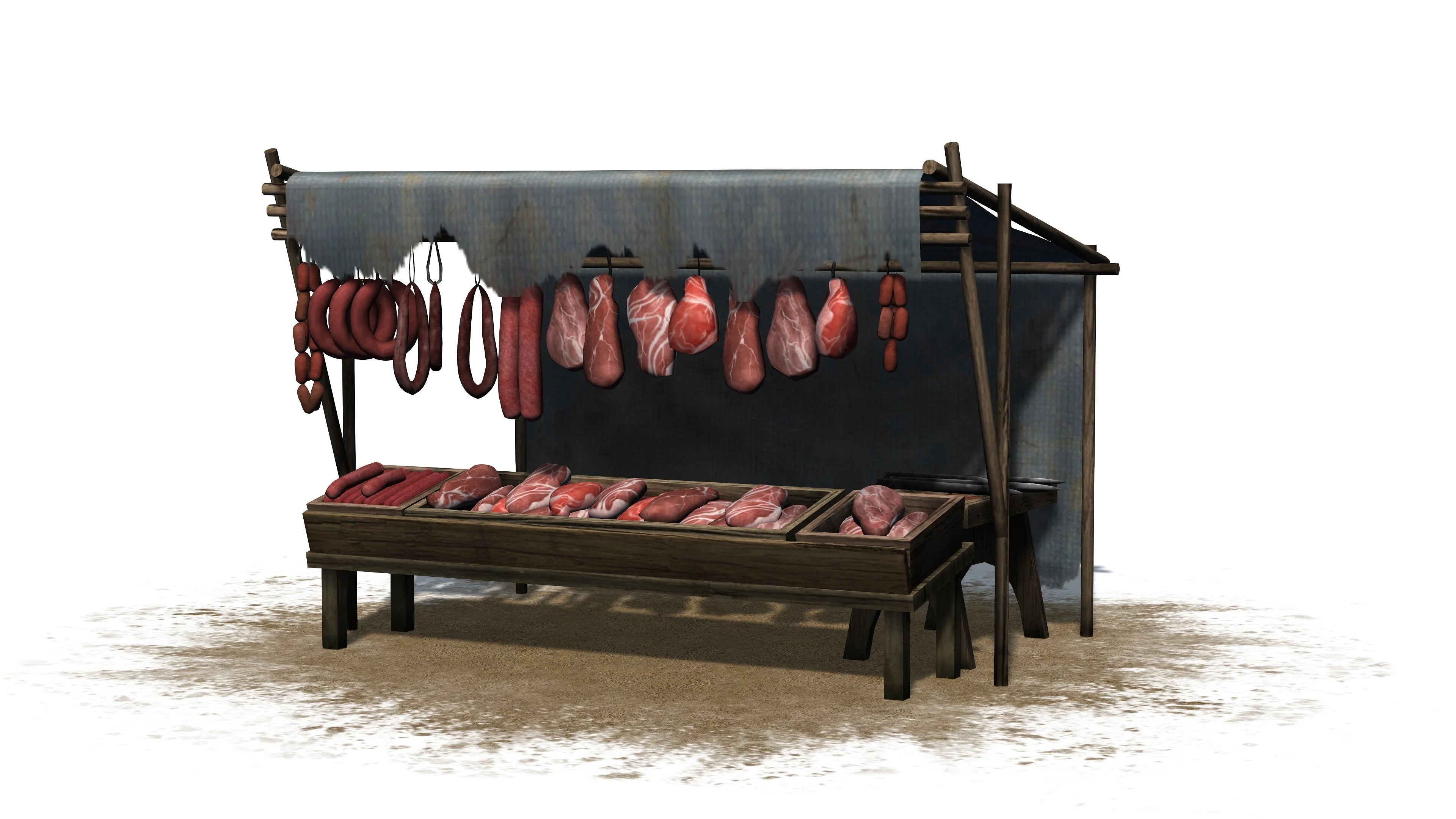 Ein Bild von einem alten Marktstand, wo Fleisch an der offenen Luft hängt