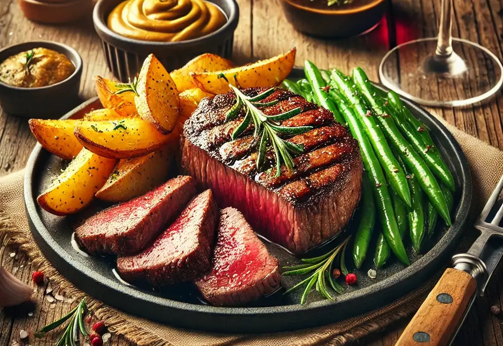 Rinderfiletsteak mit Bratkartoffeln und feinen Bohnen