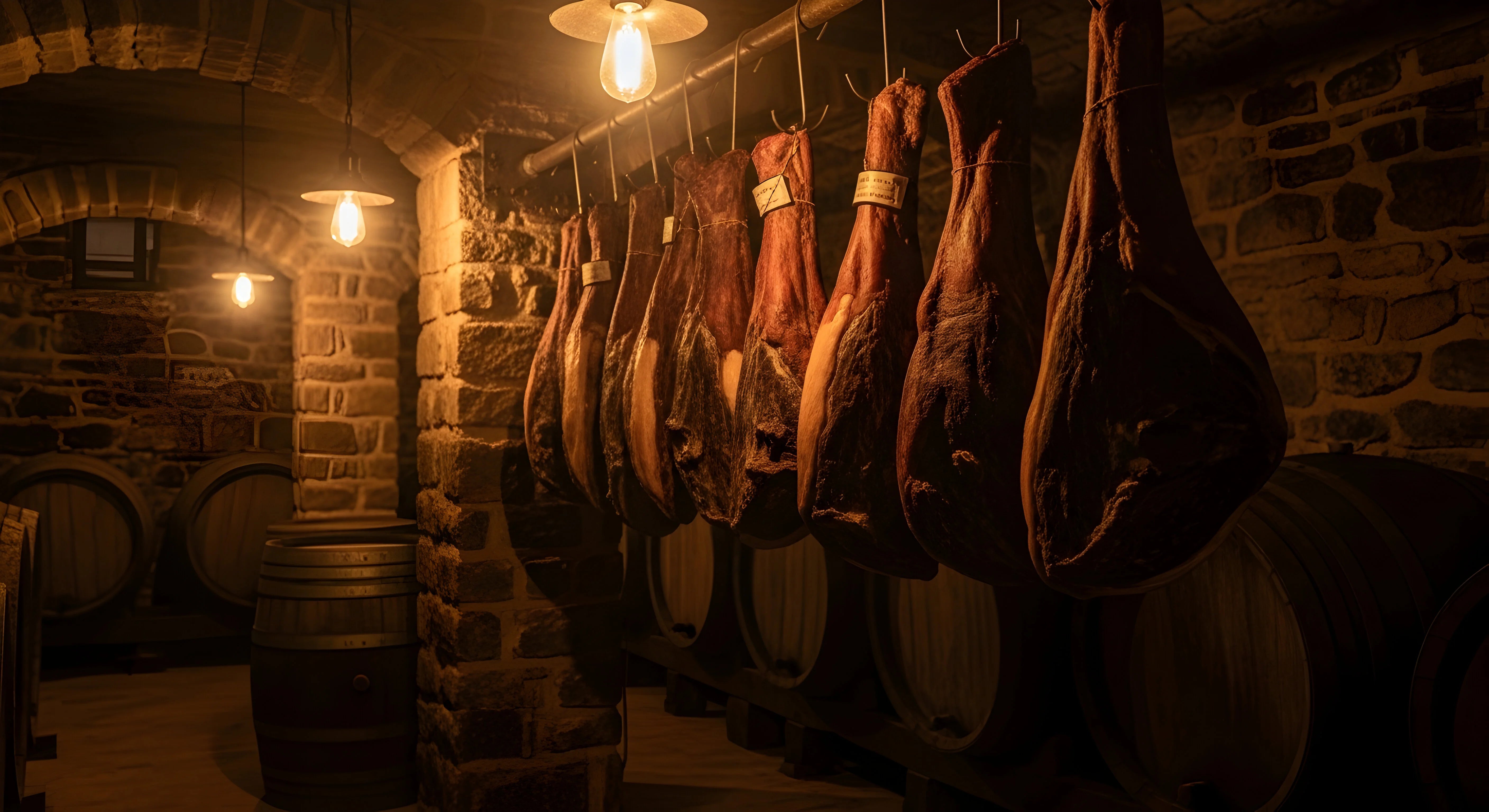Man sieht abgehängene, große Stücke Fleisch, die in einem Keller hängen