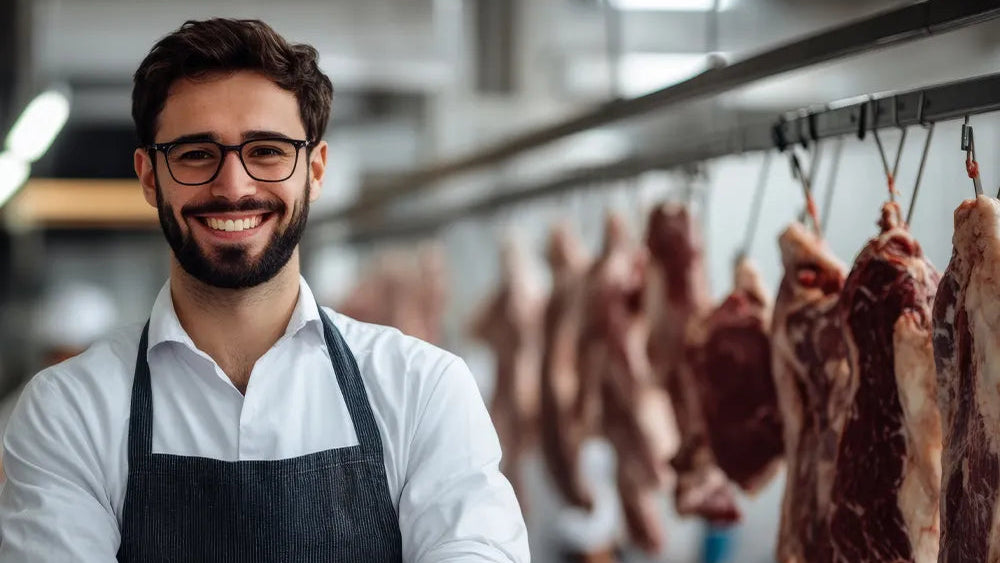Bild von einer lachenden Person, die vor abgehangenem Fleisch steht