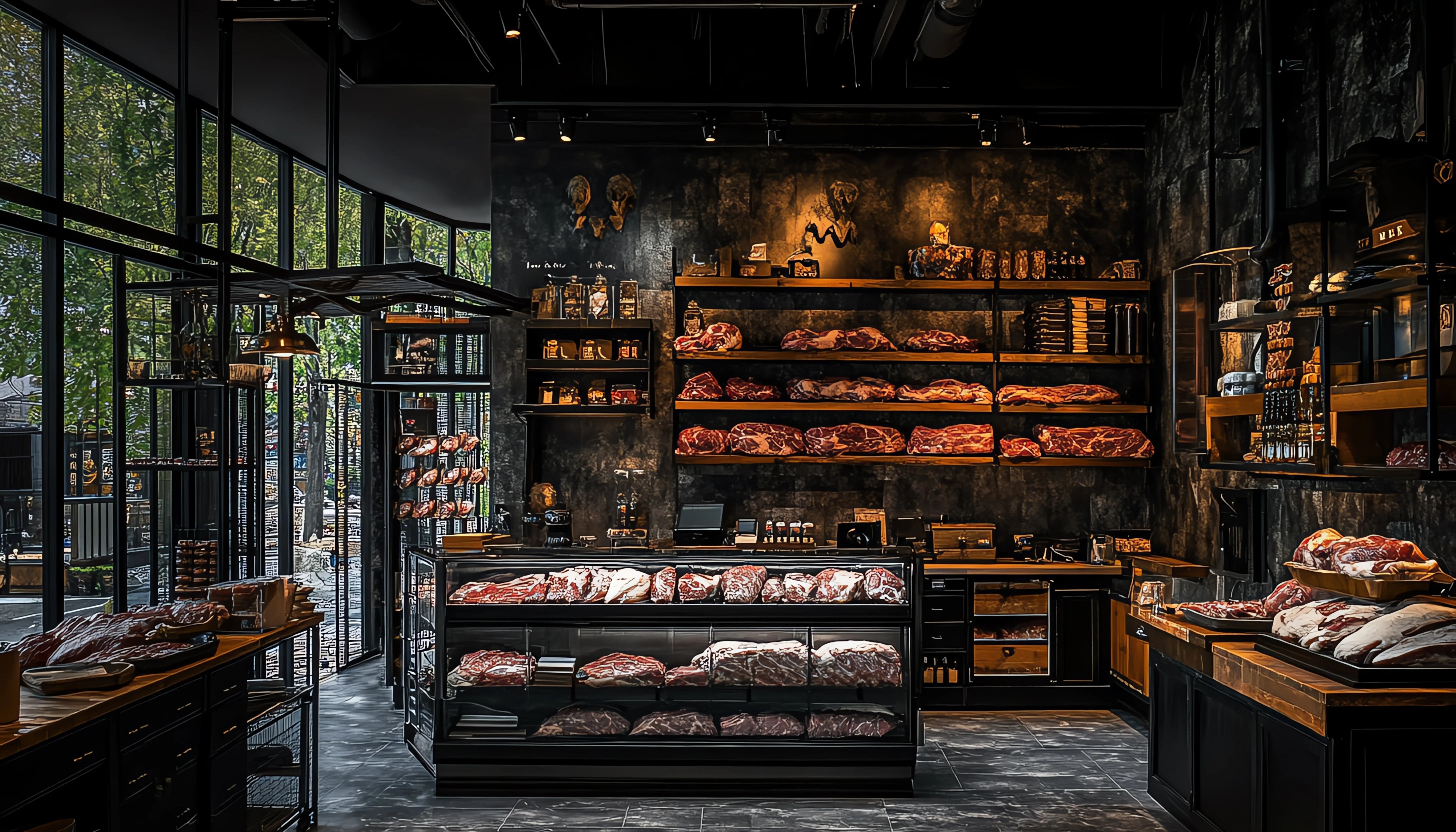 Man sieht ein Fachgeschäft für Dry-Aged-Fleisch mit einer großen Auswahl an exklusiven Dry-Aged-Steaks